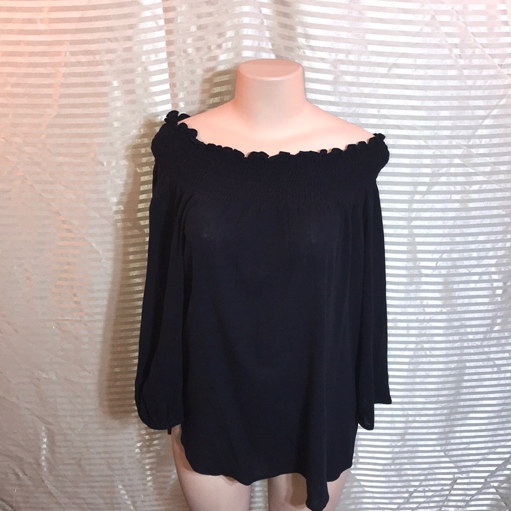 MICHAEL Michael Kors Smocked Black 100% Cotton Off Shoulder Peasant Blouse M